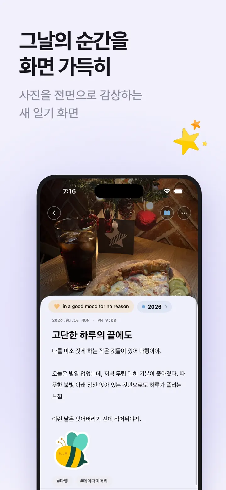 데이다이어리 스크린샷 — 사진을 전면으로 감상하는 일기 상세 화면(감정·저널 칩)